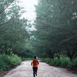 Jogger on a forested trail.