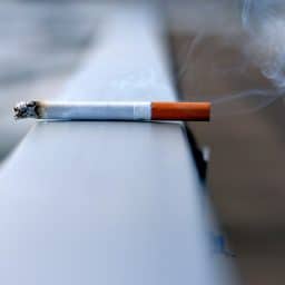 A lit cigarette on a ledge.