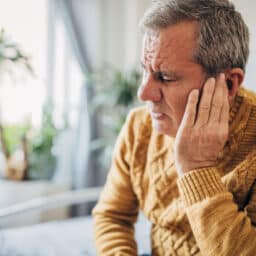 Senior man experiencing ear discomfort touching his ear