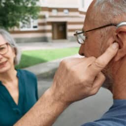 Senior man showing his friend his hearing aid