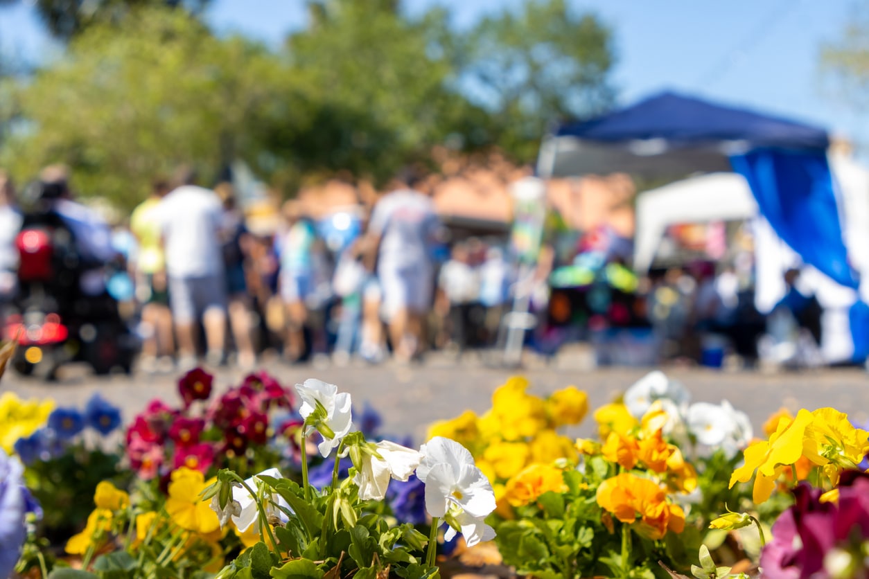 Flowers grow in the foreground as people enjoy a festival defocused in the background.
